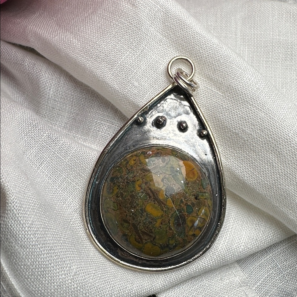 Artisan FRUIT JASPER Teardrop Pendant with Green and Yellow Hand Crafted #9140 - Picture 10 of 15